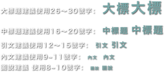 大標題建議使用26～30號字： 大標大標中標題建議使用16～20號字： 中標題 中標題引文建議使用12～15號字： 引文 引文內文建議使用9~11號字： 內文  內文圖說建議 使用8~10號字： 圖說 圖說
